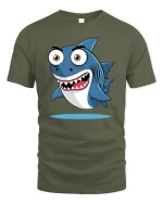 Funny Cartoon Shark Graphic T-Shirt Cute Ocean Style Tee - military green t-shirt on white background