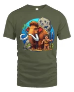 Cute Mammoth Caveman Graphic T-Shirt Prehistoric Fun Tee - military green t-shirt on white background