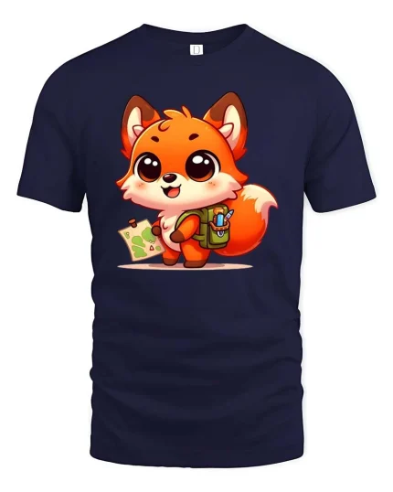 Cute Explorer Fox Graphic T-Shirt Kawaii Adventure Tee - navy t-shirt on white background