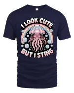 Cute Jellyfish Graphic T-Shirt Funny Ocean Rainbow Tee - navy t-shirt on white background