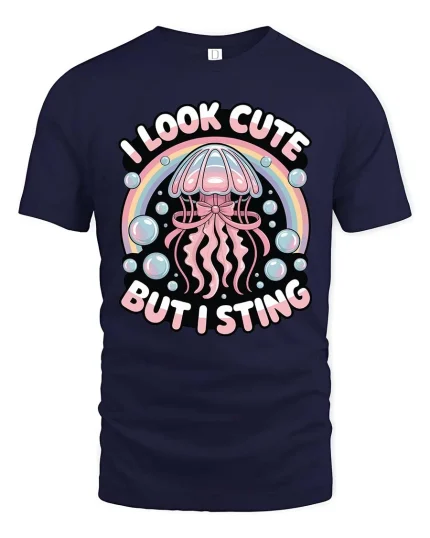 Cute Jellyfish Graphic T-Shirt Funny Ocean Rainbow Tee - navy t-shirt on white background