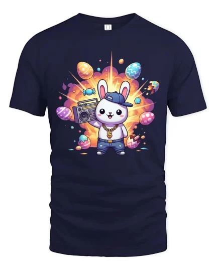 Cool Bunny Graphic T-Shirt Hip Hop Easter Streetwear Tee - navy t-shirt on white background