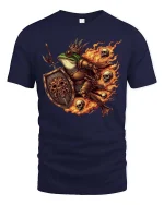 Frog Knight Warrior Graphic T-Shirt Dark Fantasy Fire Tee - navy t-shirt on white background