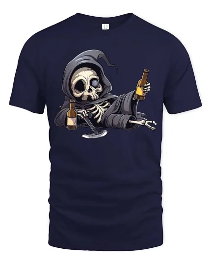 Funny Grim Reaper Drinking Graphic T-Shirt Dark Humor Tee - navy t-shirt on white background