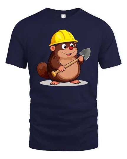 Cute Beaver Builder Graphic T-Shirt Funny Construction Tee - navy t-shirt on white background