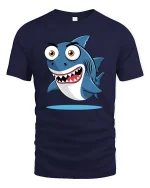 Funny Cartoon Shark Graphic T-Shirt Cute Ocean Style Tee - navy t-shirt on white background