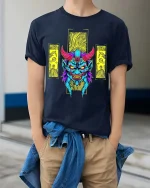 Neon Demon Oni Mask Graphic T-Shirt Streetwear Style - model wearing navy tee with hands in pockets