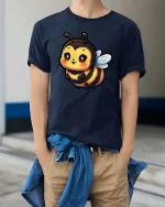 Cute Bumble Bee Graphic T-Shirt Kawaii Cartoon Honey Tee - model wearing navy tee with hands in pockets