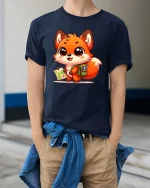 Cute Explorer Fox Graphic T-Shirt Kawaii Adventure Tee - model wearing navy tee with hands in pockets