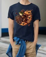 Frog Knight Warrior Graphic T-Shirt Dark Fantasy Fire Tee - model wearing navy tee with hands in pockets