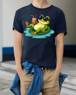 Cool Frog Pool Party Graphic T-Shirt Funny Summer Tee - model wearing navy tee with hands in pockets