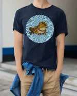 Hypnotic Frog Graphic T-Shirt Trippy Psychedelic Art Tee - model wearing navy tee with hands in pockets