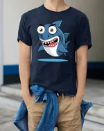 Funny Cartoon Shark Graphic T-Shirt Cute Ocean Style Tee - model wearing navy tee with hands in pockets