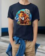 Cute Mammoth Caveman Graphic T-Shirt Prehistoric Fun Tee - model wearing navy tee with hands in pockets