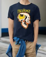 High Frequency Skull Graphic T-Shirt Edgy Streetwear Tee - model wearing navy tee with hands in pockets