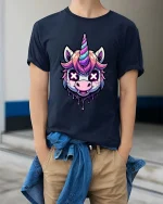Dark Unicorn Graphic T-Shirt Neon Drip Fantasy Style Tee - model wearing navy tee with hands in pockets