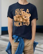 Have A Nice Day Bear Graphic T-Shirt Cute Cozy Vibe Tee - model wearing navy tee with hands in pockets