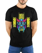 Neon Demon Oni Mask Graphic T-Shirt Streetwear Style - model wearing black tee with hands behind back