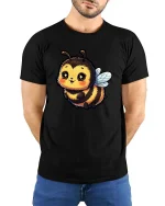 Cute Bumble Bee Graphic T-Shirt Kawaii Cartoon Honey Tee - model wearing black tee with hands behind back