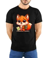 Cute Explorer Fox Graphic T-Shirt Kawaii Adventure Tee - model wearing black tee with hands behind back