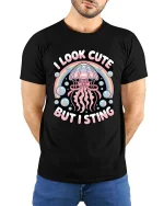 Cute Jellyfish Graphic T-Shirt Funny Ocean Rainbow Tee - model wearing black tee with hands behind back