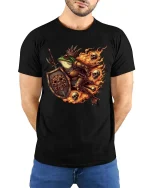 Frog Knight Warrior Graphic T-Shirt Dark Fantasy Fire Tee - model wearing black tee with hands behind back