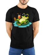 Cool Frog Pool Party Graphic T-Shirt Funny Summer Tee - model wearing black tee with hands behind back