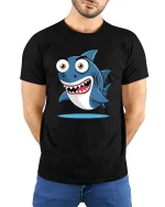 Funny Cartoon Shark Graphic T-Shirt Cute Ocean Style Tee - model wearing black tee with hands behind back