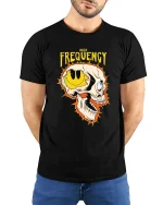 High Frequency Skull Graphic T-Shirt Edgy Streetwear Tee - model wearing black tee with hands behind back