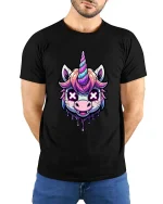Dark Unicorn Graphic T-Shirt Neon Drip Fantasy Style Tee - model wearing black tee with hands behind back