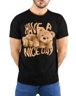 Have A Nice Day Bear Graphic T-Shirt Cute Cozy Vibe Tee - model wearing black tee with hands behind back