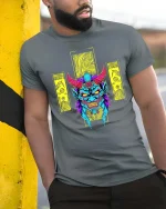 Neon Demon Oni Mask Graphic T-Shirt Streetwear Style - model wearing grey tee, leaning on column