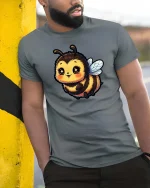 Cute Bumble Bee Graphic T-Shirt Kawaii Cartoon Honey Tee - model wearing grey tee, leaning on column