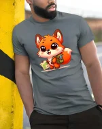 Cute Explorer Fox Graphic T-Shirt Kawaii Adventure Tee - model wearing grey tee, leaning on column