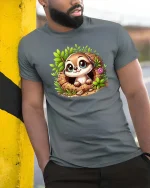 Cute Baby Sloth Graphic T-Shirt Kawaii Forest Animal Tee - model wearing grey tee, leaning on column