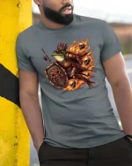 Frog Knight Warrior Graphic T-Shirt Dark Fantasy Fire Tee - model wearing grey tee, leaning on column