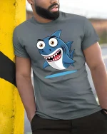 Funny Cartoon Shark Graphic T-Shirt Cute Ocean Style Tee - model wearing grey tee, leaning on column