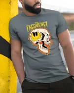 High Frequency Skull Graphic T-Shirt Edgy Streetwear Tee - model wearing grey tee, leaning on column