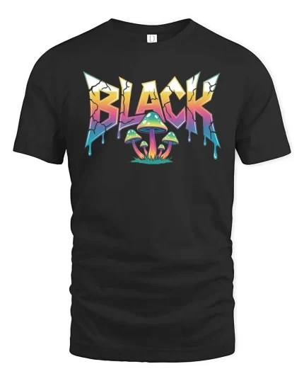Black Psychedelic Mushroom Graphic T-Shirt Streetwear Fit - black t-shirt on white background
