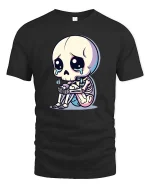 Sad Skeleton Cartoon Graphic T-Shirt Cute Gothic Emo Tee - black t-shirt on white background