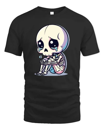 Sad Skeleton Cartoon Graphic T-Shirt Cute Gothic Emo Tee - black t-shirt on white background