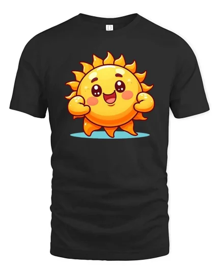 Cute Happy Sun Cartoon Graphic T-Shirt Bright Positive Tee - black t-shirt on white background