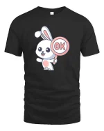 Cute Bunny OK Sign Cartoon Graphic T-Shirt Funny Kawaii Tee - black t-shirt on white background