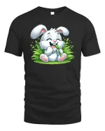 Cute Bunny Eating Grass Cartoon Graphic T-Shirt Kawaii Tee - black t-shirt on white background