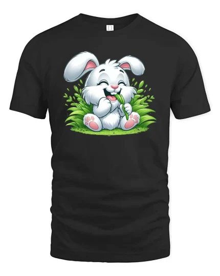 Cute Bunny Eating Grass Cartoon Graphic T-Shirt Kawaii Tee - black t-shirt on white background