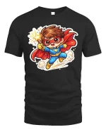 Cute Superhero Kid Cartoon Graphic T-Shirt Fun Hero Tee - black t-shirt on white background