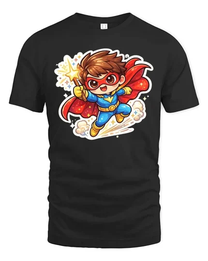 Cute Superhero Kid Cartoon Graphic T-Shirt Fun Hero Tee - black t-shirt on white background