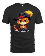 Cute Musketeer Cat Cartoon Graphic T-Shirt Funny Kitten Tee - black t-shirt on white background