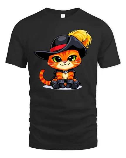 Cute Musketeer Cat Cartoon Graphic T-Shirt Funny Kitten Tee - black t-shirt on white background