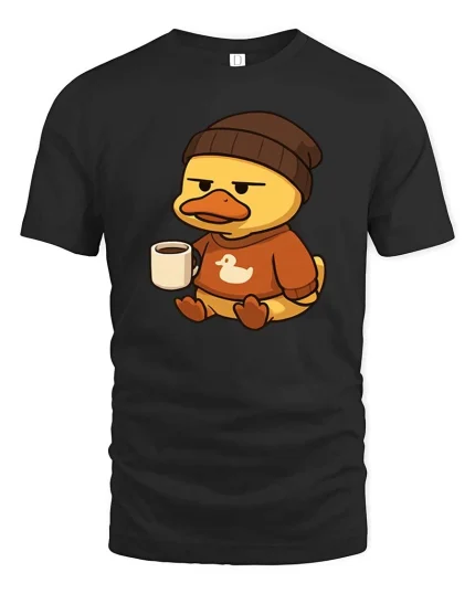 Cute Duck Coffee Lover Cartoon Graphic T-Shirt Cozy Tee - black t-shirt on white background